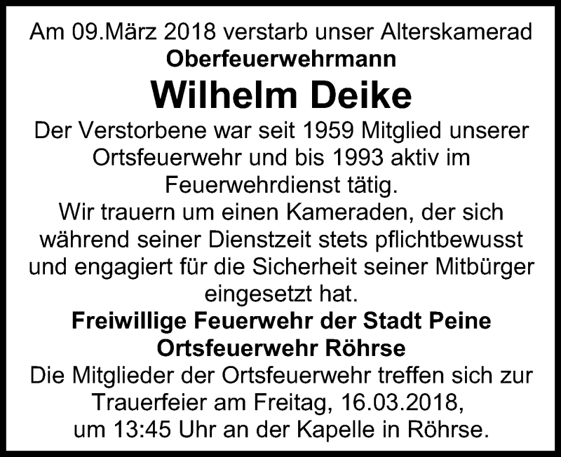  Traueranzeige für Wilhelm Deike vom 16.03.2018 aus Peiner Allgemeine Zeitung