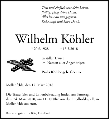 Traueranzeige von Wilhelm Köhler von Göttinger Tageblatt