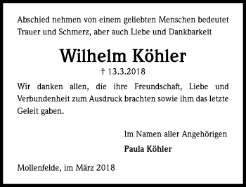 Traueranzeige von Wilhelm Köhler von Göttinger Tageblatt