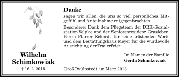Traueranzeige von Wilhelm Schimkowiak von Aller Zeitung