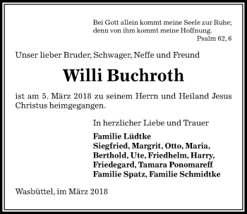 Traueranzeige von Willi Buchroth von Aller Zeitung
