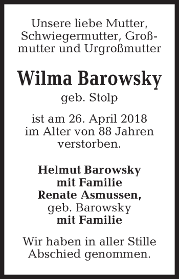 Traueranzeige von Wilma Barowsky von Kieler Nachrichten
