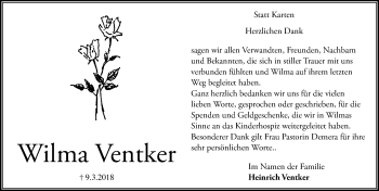 Traueranzeige von Wilma Ventker von Hannoversche Allgemeine Zeitung/Neue Presse