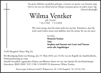 Traueranzeige von Wilma Ventker von Hannoversche Allgemeine Zeitung/Neue Presse