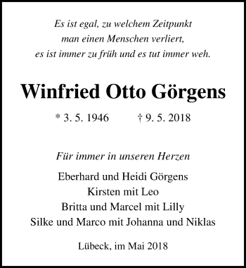 Traueranzeige von Winfried Otto Görgens von Lübecker Nachrichten