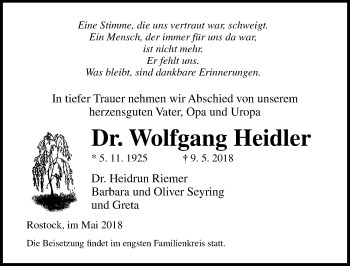 Traueranzeige von Wolfgang Heidler von Ostsee-Zeitung GmbH
