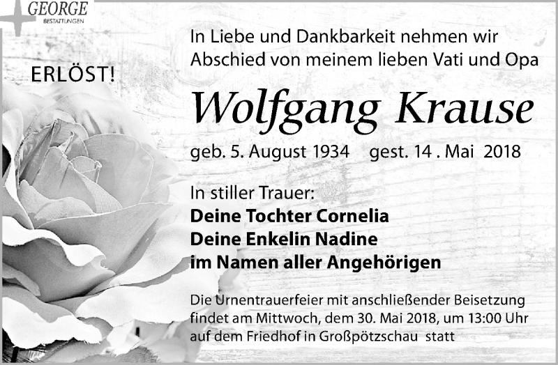  Traueranzeige für Wolfgang Krause vom 19.05.2018 aus Leipziger Volkszeitung
