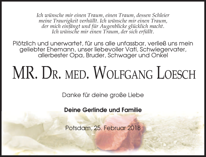  Traueranzeige für Wolfgang Loesch vom 31.03.2018 aus Märkischen Allgemeine Zeitung