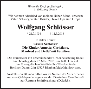Traueranzeige von Wolfgang Schlösser von Märkischen Allgemeine Zeitung