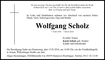 Traueranzeige von Wolfgang Scholz von Hannoversche Allgemeine Zeitung/Neue Presse