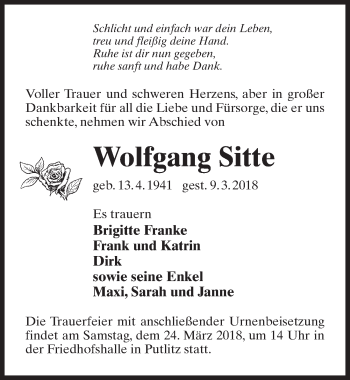 Traueranzeige von Wolfgang Sitte von Märkischen Allgemeine Zeitung