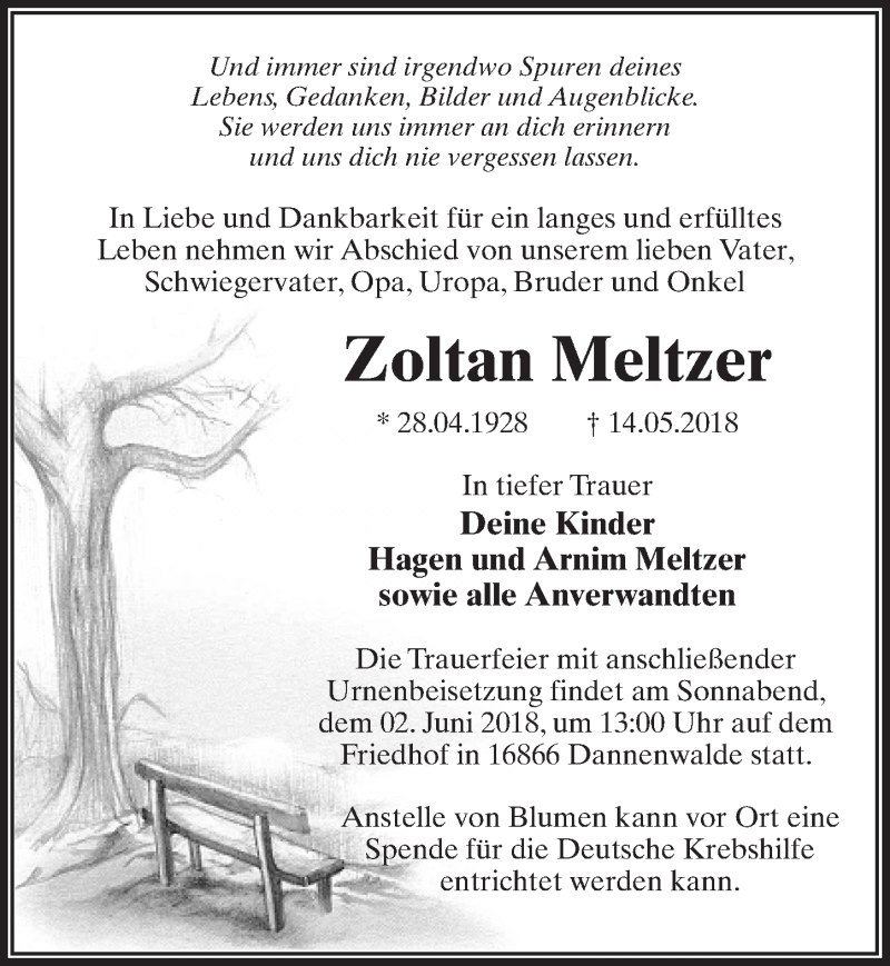  Traueranzeige für Zoltan Meltzer vom 19.05.2018 aus Märkischen Allgemeine Zeitung