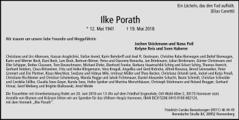 Traueranzeige von Ilke Porath von Hannoversche Allgemeine Zeitung/Neue Presse