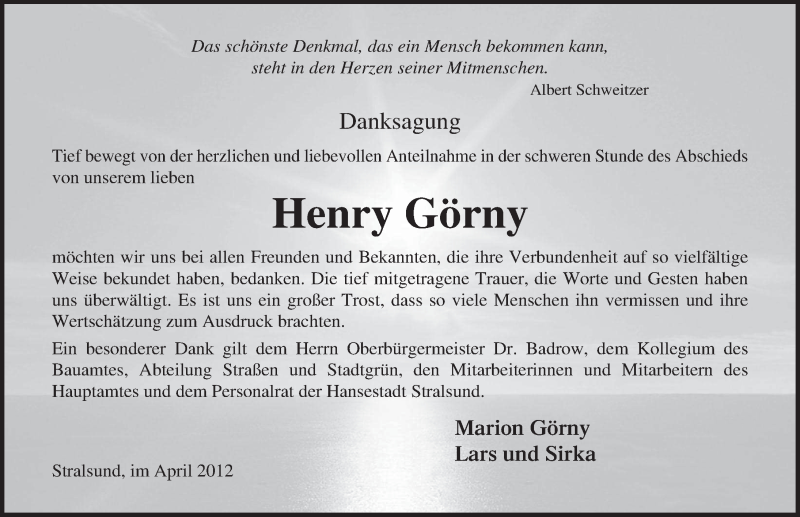  Traueranzeige für Henry Görny vom 14.04.2012 aus Ostsee-Zeitung
