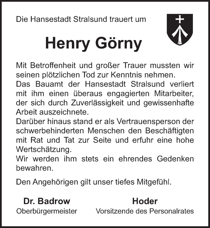  Traueranzeige für Henry Görny vom 24.03.2012 aus Ostsee-Zeitung