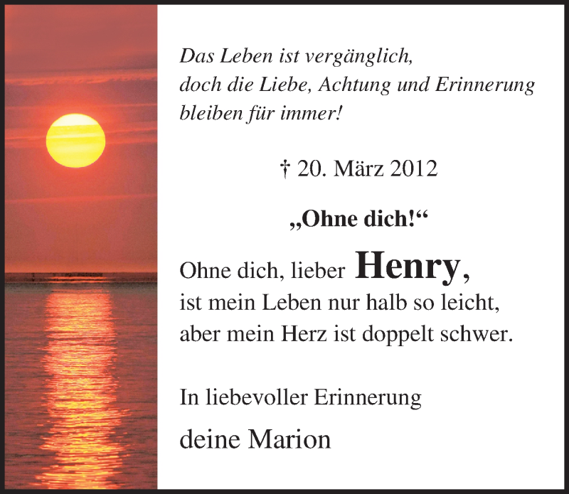  Traueranzeige für Henry Görny vom 20.03.2013 aus Ostsee-Zeitung