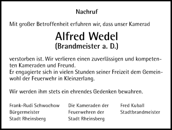 Traueranzeige von Alfred Wedel von Märkischen Allgemeine Zeitung