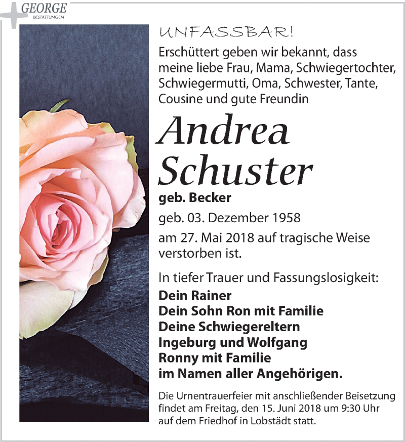  Traueranzeige für Andrea Schuster vom 02.06.2018 aus Leipziger Volkszeitung