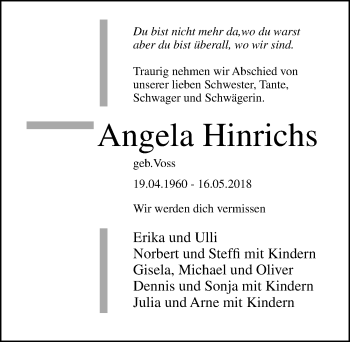 Traueranzeige von Angela Hinrichs von Lübecker Nachrichten