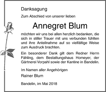Traueranzeige von Annegret Blum von Ostsee-Zeitung GmbH