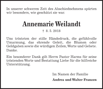 Traueranzeige von Annemarie Weilandt von Kieler Nachrichten