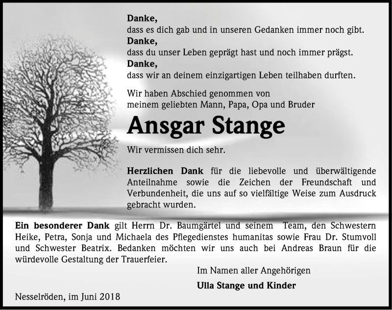  Traueranzeige für Ansgar Stange vom 16.06.2018 aus Eichsfelder Tageblatt