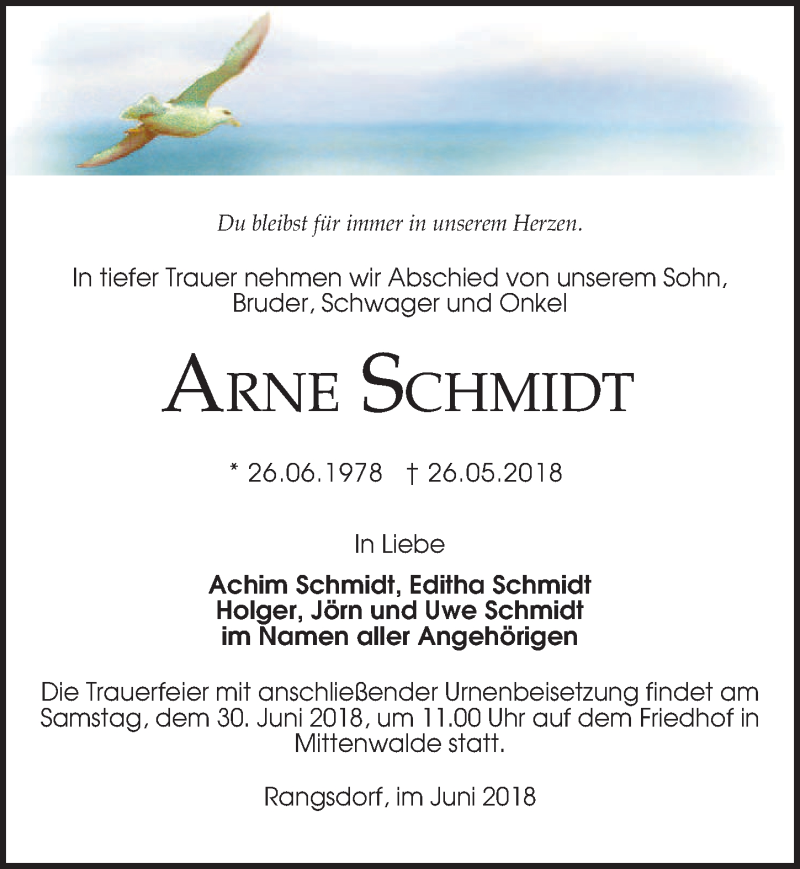  Traueranzeige für Arne Schmidt vom 09.06.2018 aus Märkischen Allgemeine Zeitung