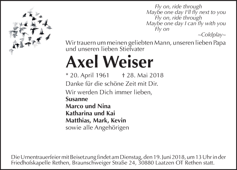  Traueranzeige für Axel Weiser vom 15.06.2018 aus Hannoversche Allgemeine Zeitung/Neue Presse