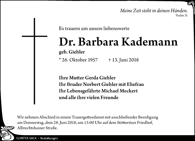 Traueranzeige für Barbara Kademann vom 16.06.2018 aus Leipziger Volkszeitung