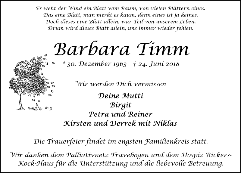  Traueranzeige für Barbara Timm vom 30.06.2018 aus Lübecker Nachrichten