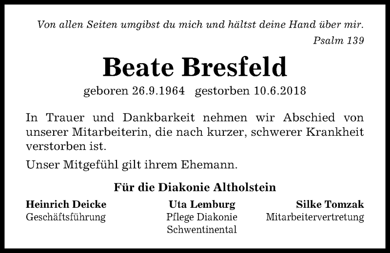  Traueranzeige für Beate Bresfeld vom 23.06.2018 aus Kieler Nachrichten