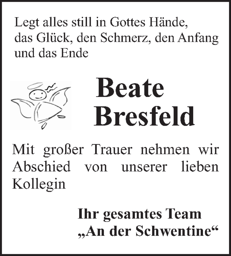  Traueranzeige für Beate Bresfeld vom 23.06.2018 aus Kieler Nachrichten