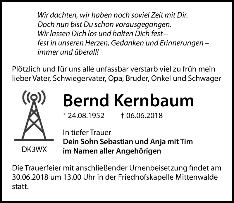  Traueranzeige für Bernd Kernbaum vom 23.06.2018 aus Märkischen Allgemeine Zeitung