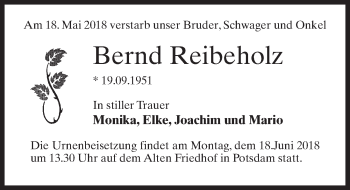 Traueranzeige von Bernd Reibeholz von Märkischen Allgemeine Zeitung