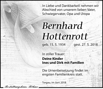 Traueranzeige von Bernhard Hottenrott von Torgauer Zeitung