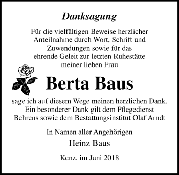 Traueranzeige von Berta Baus von Ostsee-Zeitung GmbH