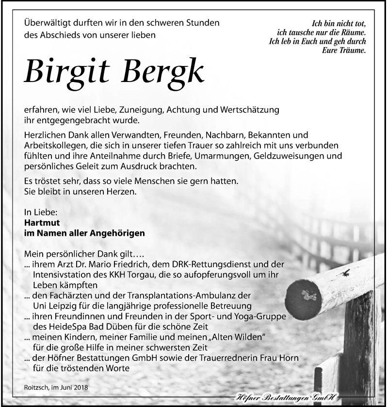  Traueranzeige für Birgit Bergk vom 09.06.2018 aus Torgauer Zeitung