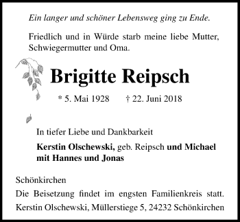 Traueranzeige von Brigitte Reipsch von Ostsee-Zeitung GmbH