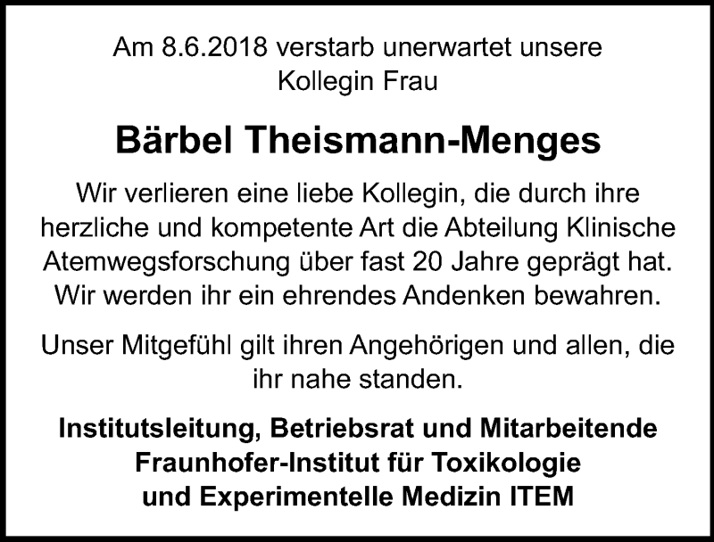  Traueranzeige für Bärbel Theismann-Menges vom 16.06.2018 aus Hannoversche Allgemeine Zeitung/Neue Presse