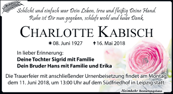 Traueranzeige von Charlotte Kabisch von Leipziger Volkszeitung