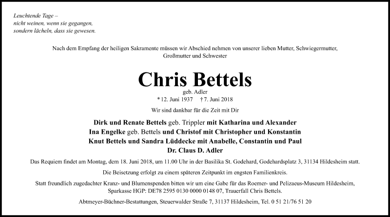  Traueranzeige für Chris Bettels vom 11.06.2018 aus Hannoversche Allgemeine Zeitung/Neue Presse
