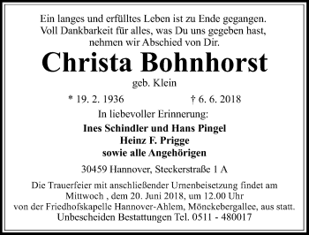 Traueranzeige von Christa Bohnhorst von Hannoversche Allgemeine Zeitung/Neue Presse