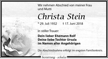 Traueranzeige von Christa Stein von Leipziger Volkszeitung