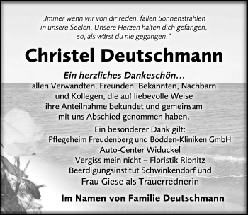 Traueranzeige von Christel Deutschmann von Ostsee-Zeitung GmbH