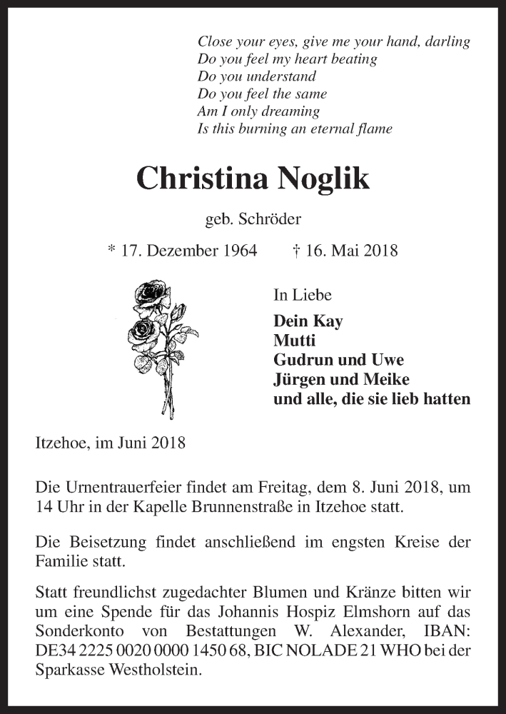  Traueranzeige für Christina Noglik vom 02.06.2018 aus Kieler Nachrichten