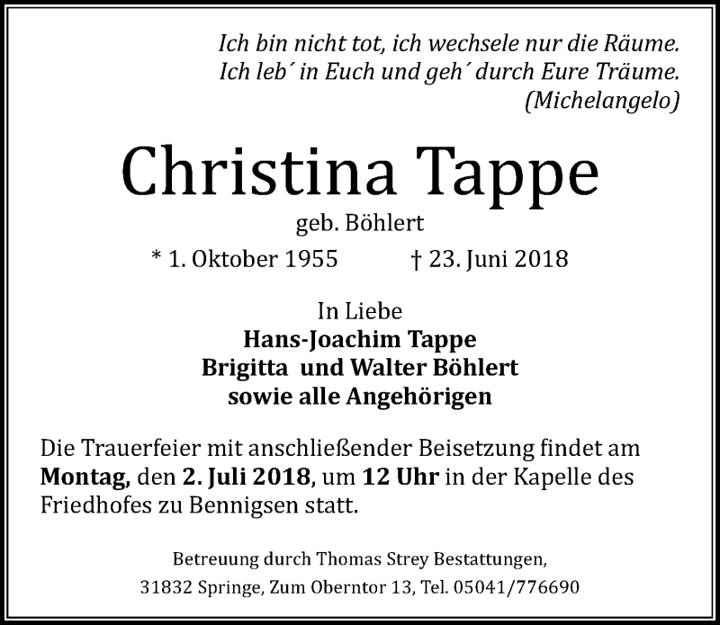  Traueranzeige für Christina Tappe vom 27.06.2018 aus Hannoversche Allgemeine Zeitung/Neue Presse