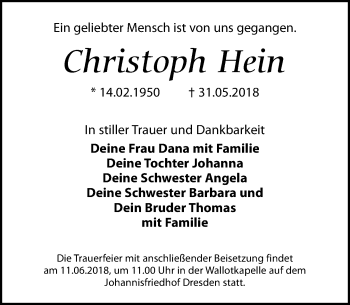 Traueranzeige von Christoph Hein von Dresdner Neue Nachrichten
