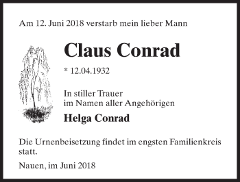 Traueranzeige von Claus Conrad von Märkischen Allgemeine Zeitung