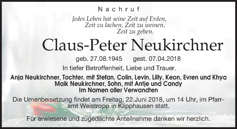  Traueranzeige für Claus-Peter Neukirchner vom 09.06.2018 aus Leipziger Volkszeitung