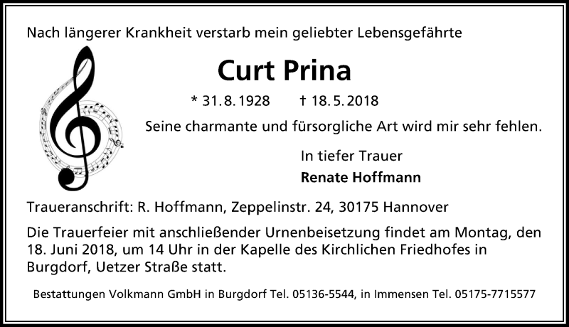  Traueranzeige für Curt Prina vom 09.06.2018 aus Hannoversche Allgemeine Zeitung/Neue Presse